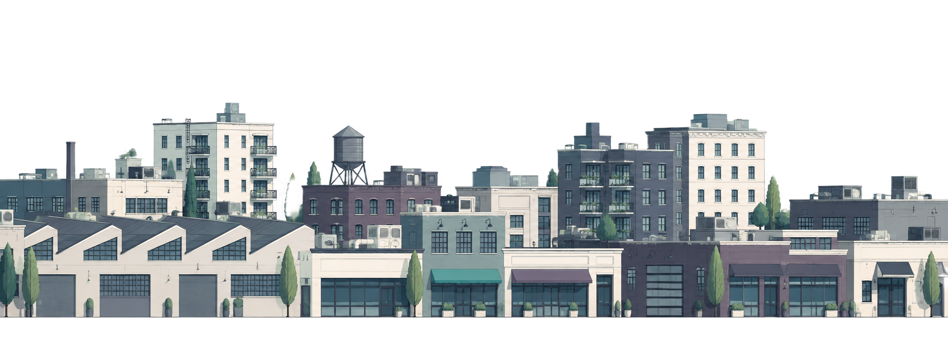 Illustrated commercial district of warehouses, multifamily buildings and neighborhood retail